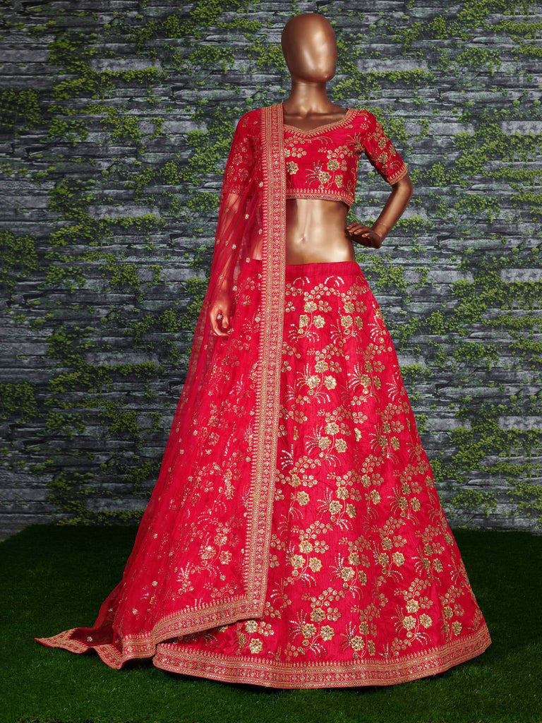 Hypnotic Red Colored Wedding Wear Embroidered Satin Lehenga Choli ClothsVilla