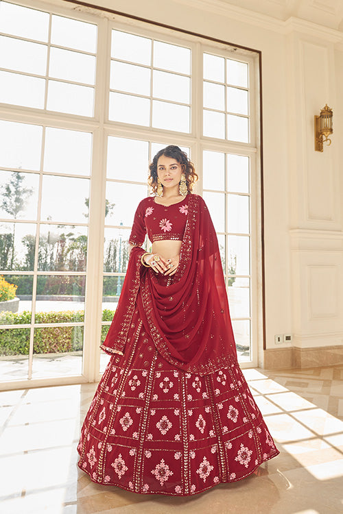 Red Georgette Thread With Sequince Embroidered Lehenga Cholii ClothsVilla.com