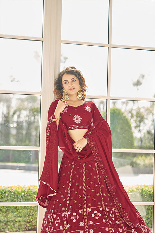 Red Georgette Thread With Sequince Embroidered Lehenga Cholii ClothsVilla.com