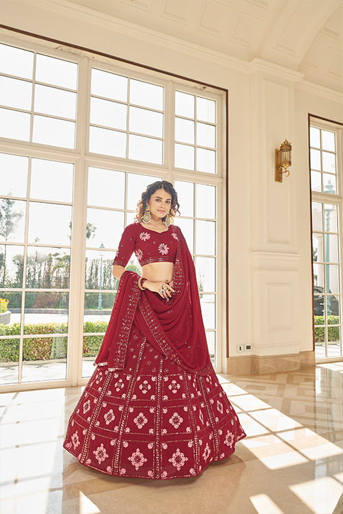 Red Georgette Thread With Sequince Embroidered Lehenga Cholii ClothsVilla.com