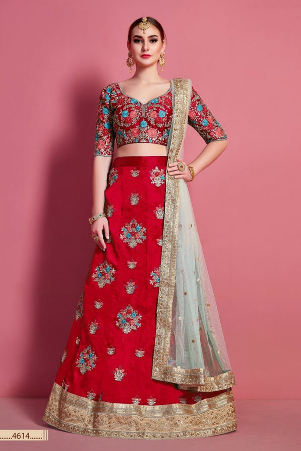 Red Pakistani Art Silk Lehenga Choli For Indian Festivals & Weddings - Embroidery Work, Clothsvilla