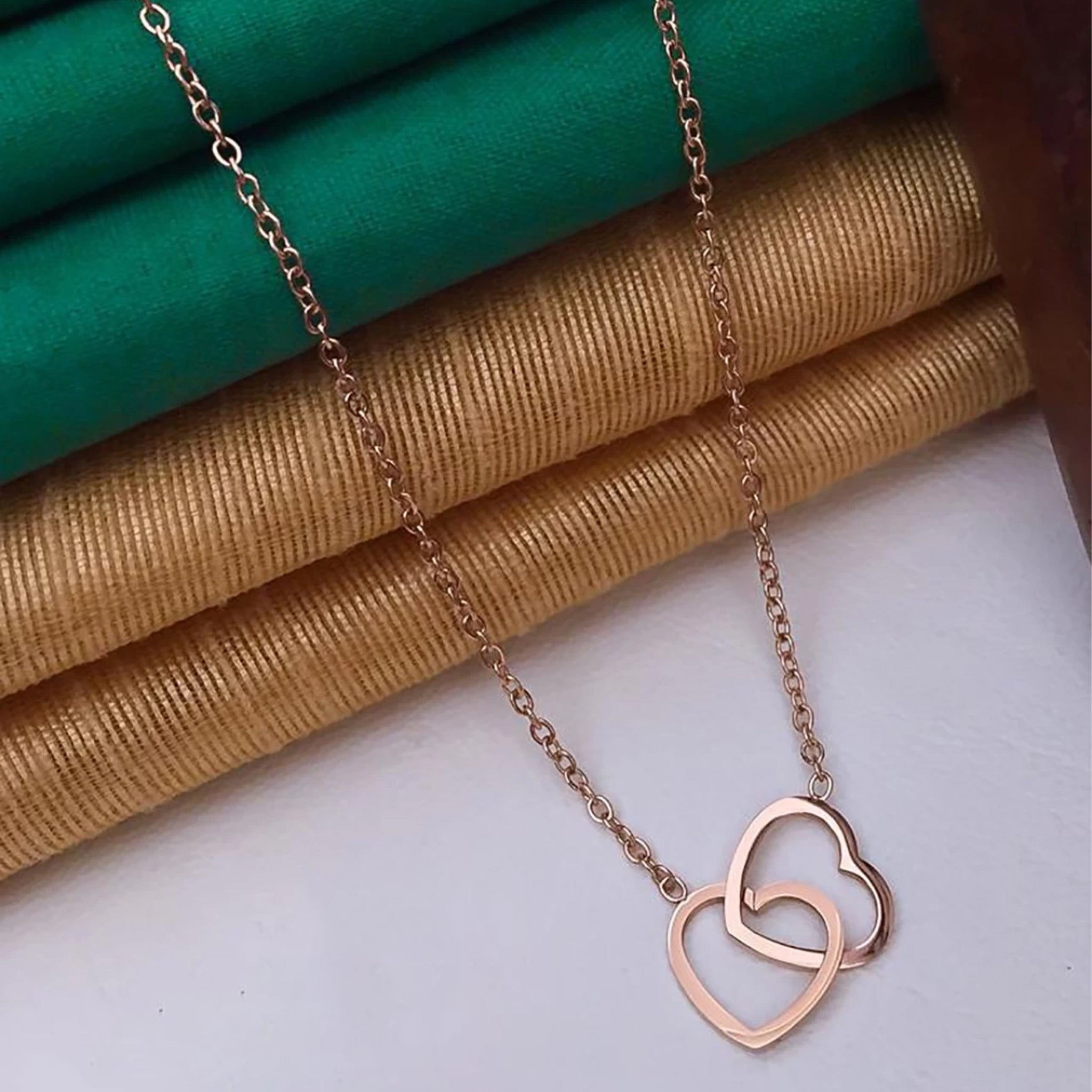 Rose Gold 2 Heart Pendant with Rose Gold Chain Gold-plated Plated Brass Chain ClothsVilla