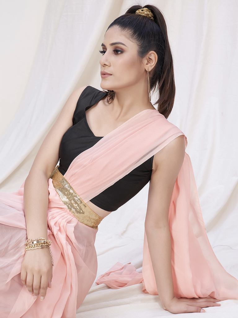 Rose Pink Pre-Stitched Blended Silk Saree ClothsVilla