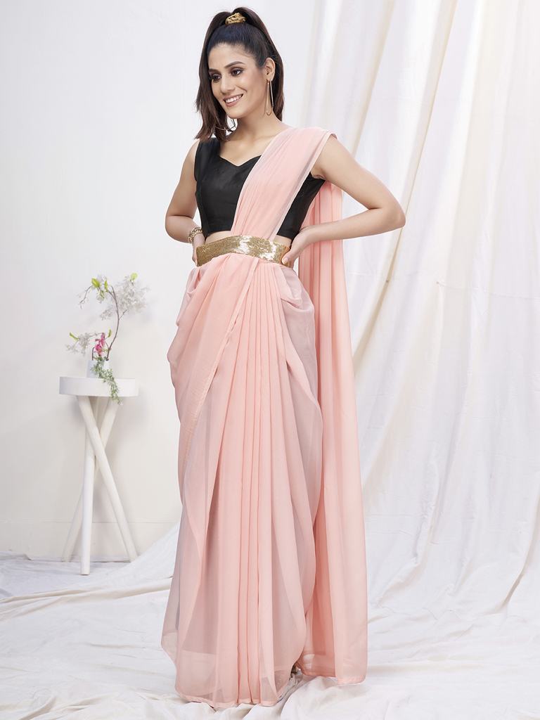 Rose Pink Pre-Stitched Blended Silk Saree ClothsVilla Main image