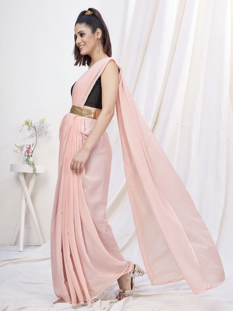 Rose Pink Pre-Stitched Blended Silk Saree ClothsVilla
