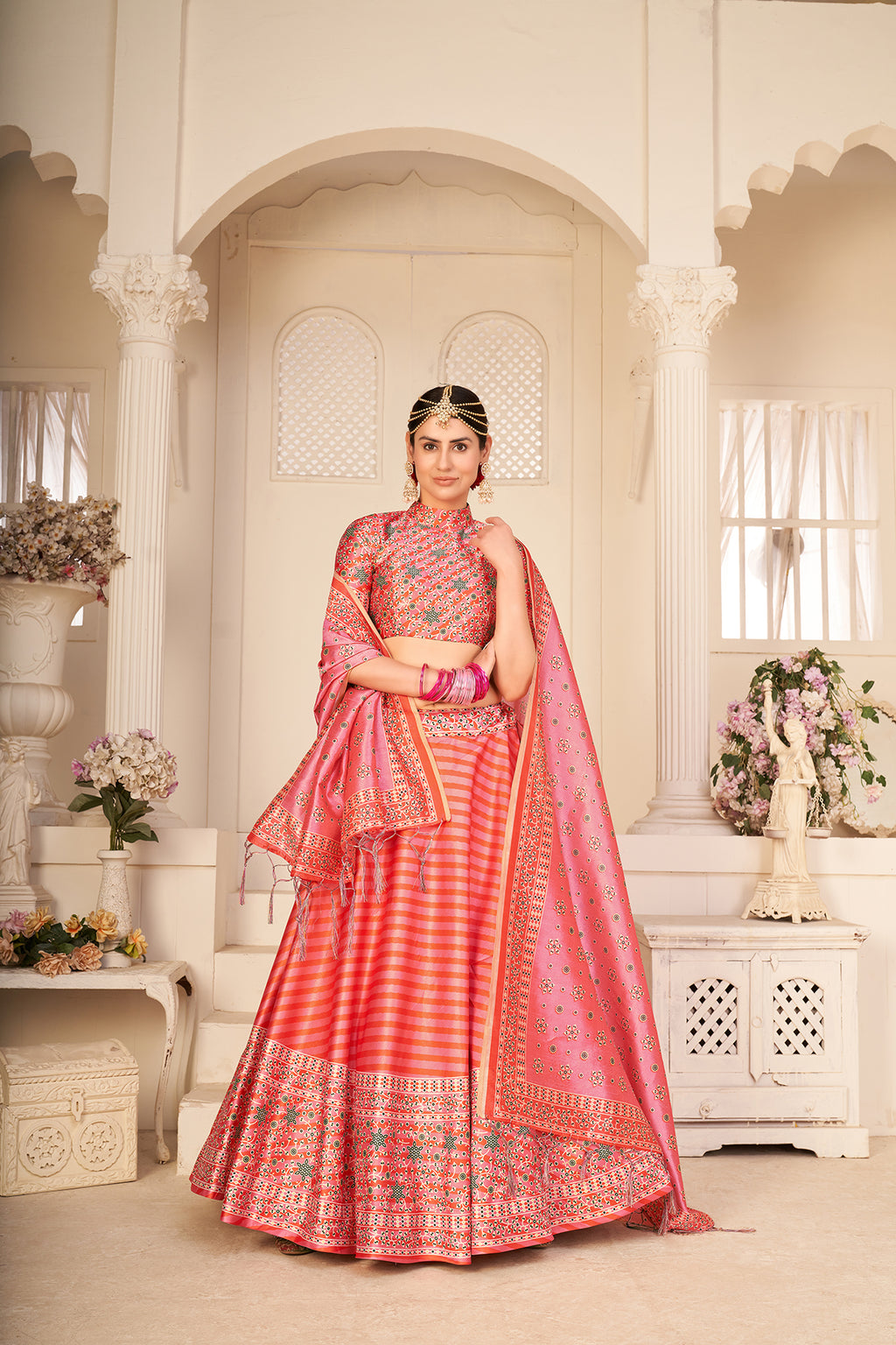 Rouge Peach Art Silk Digital Printed Umbrella Lehenga Party Wear ClothsVilla