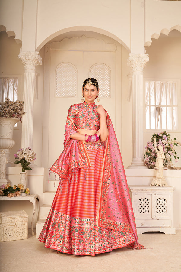 Rouge Peach Art Silk Digital Printed Umbrella Lehenga Party Wear ClothsVilla