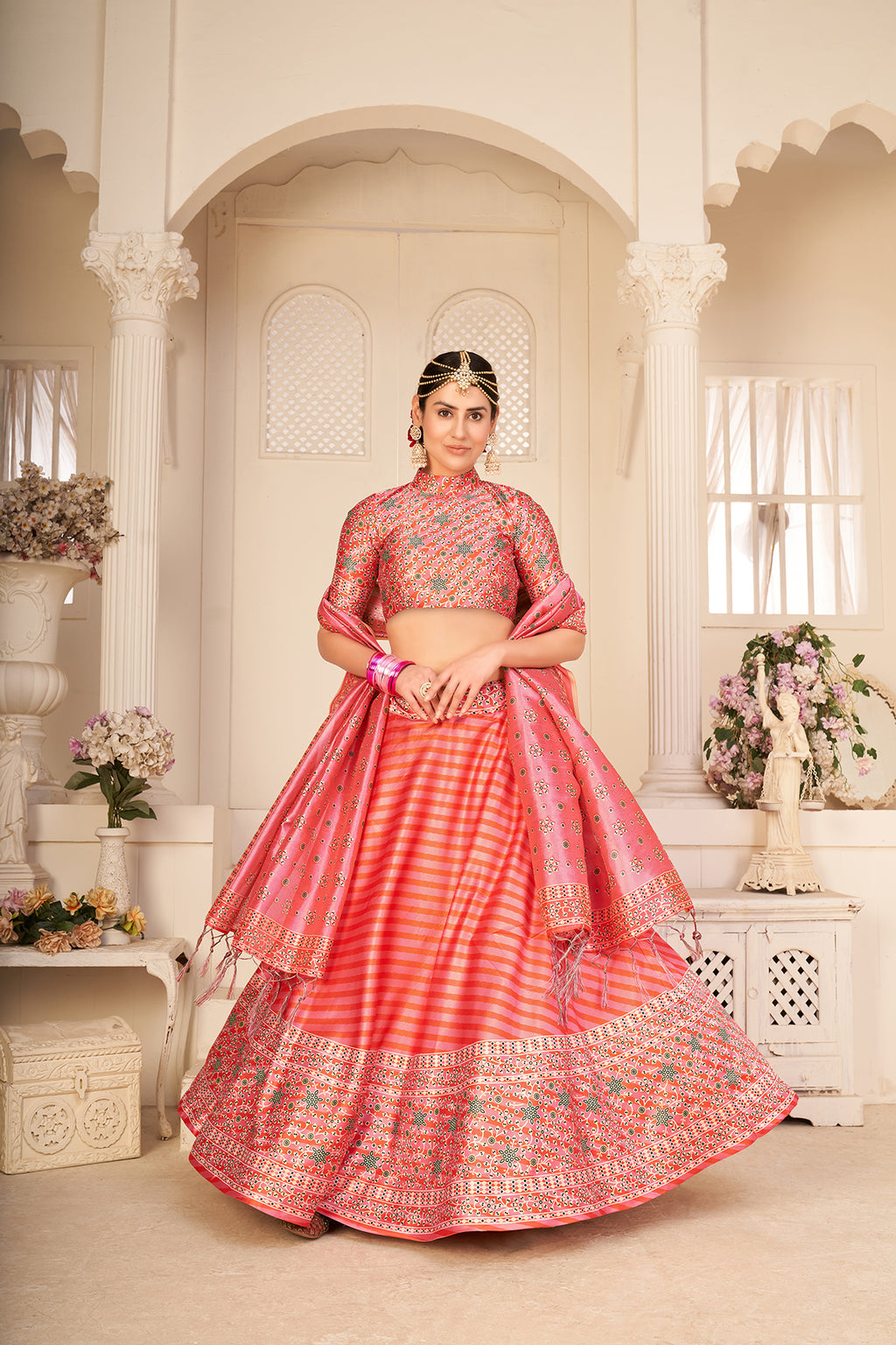 Rouge Peach Art Silk Digital Printed Umbrella Lehenga Party Wear ClothsVilla