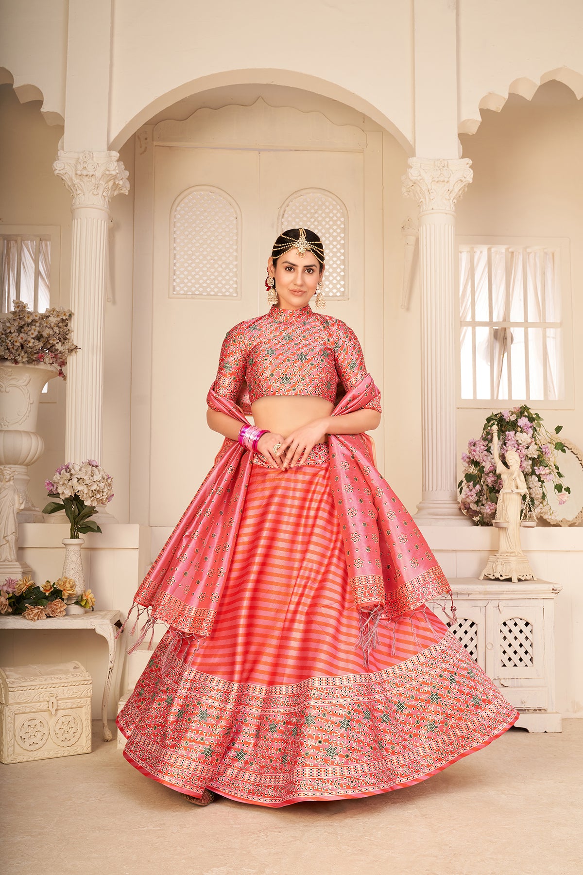 Rouge Peach Art Silk Digital Printed Umbrella Lehenga Party Wear ClothsVilla