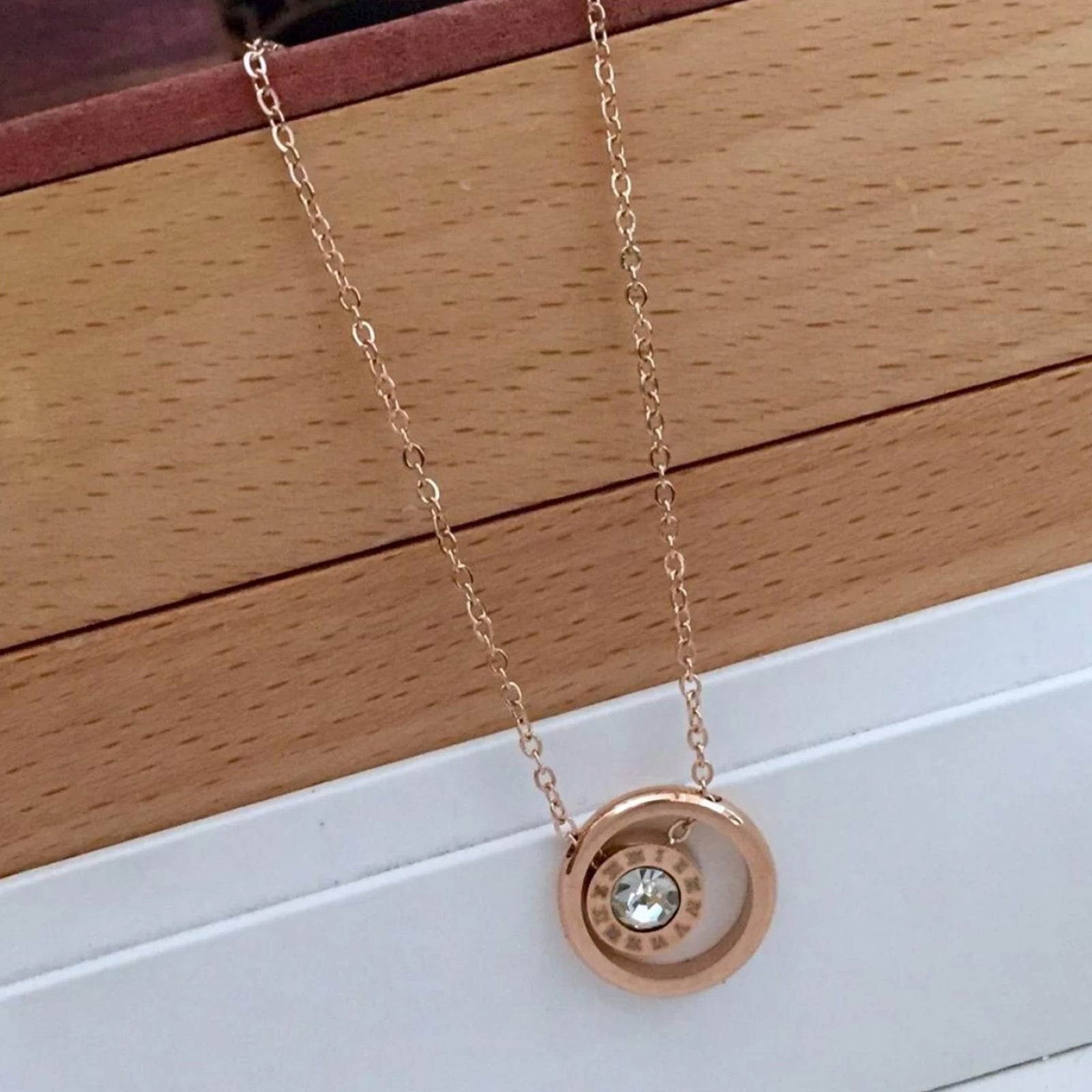 Round Shape Time Diamond Pendant with Rose Gold Plated Chain Diamond Brass Plated Brass Chain ClothsVilla