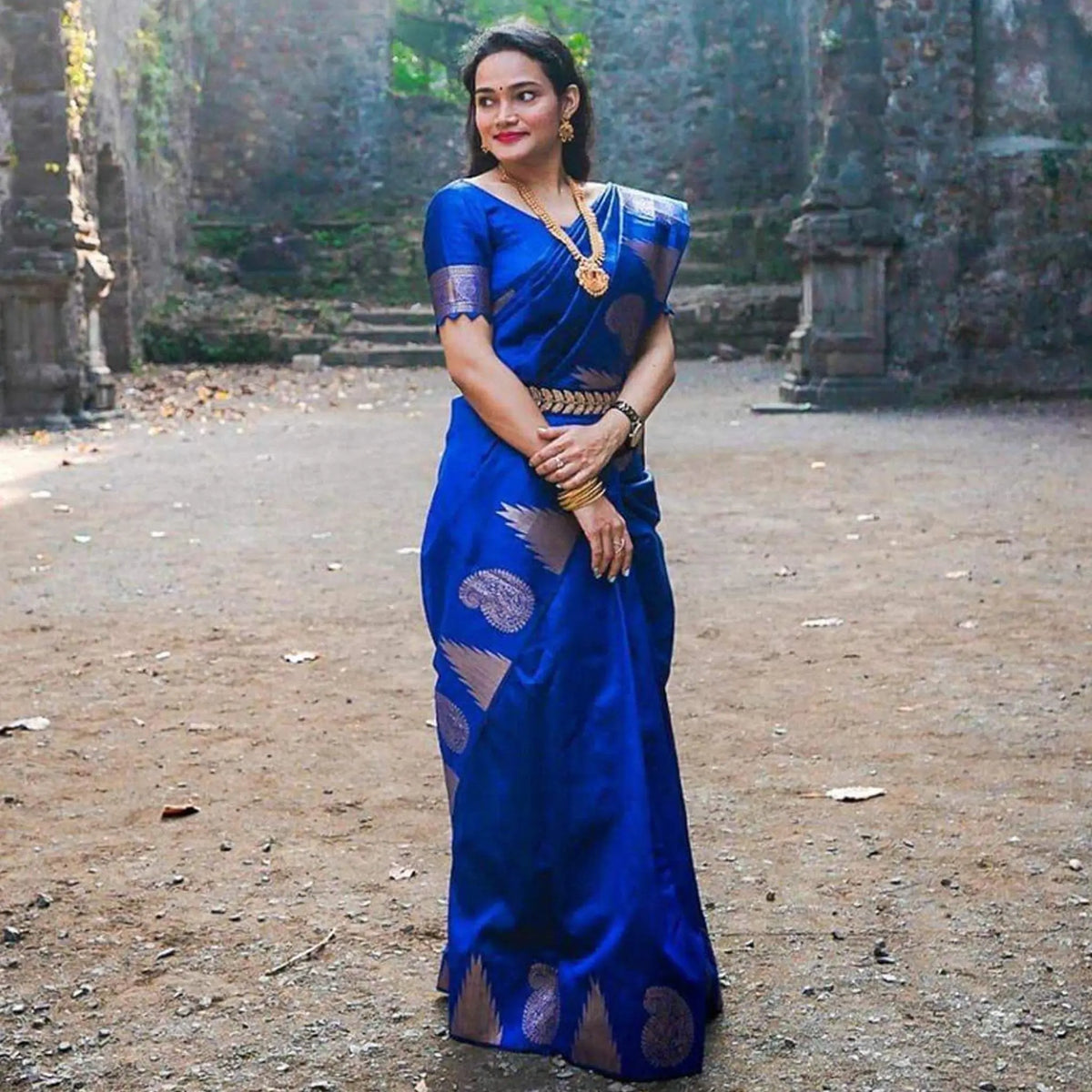 Royal Blue Ready to Wear Saree with Belt - Main Image