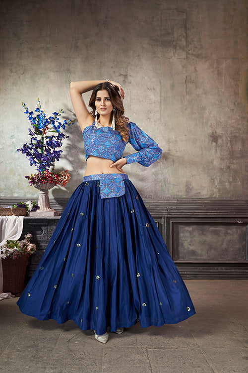 Royal Blue Art Silk Thread With Sequins Embroidered Crop-Top Skirt ClothsVilla.com