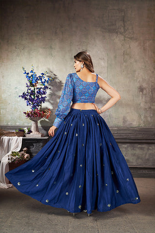 Royal Blue Art Silk Thread With Sequins Embroidered Crop-Top Skirt ClothsVilla.com