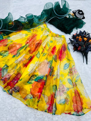 Ruffle Style Green With Yellow Color Organza Lehenga Choli Clothsvilla