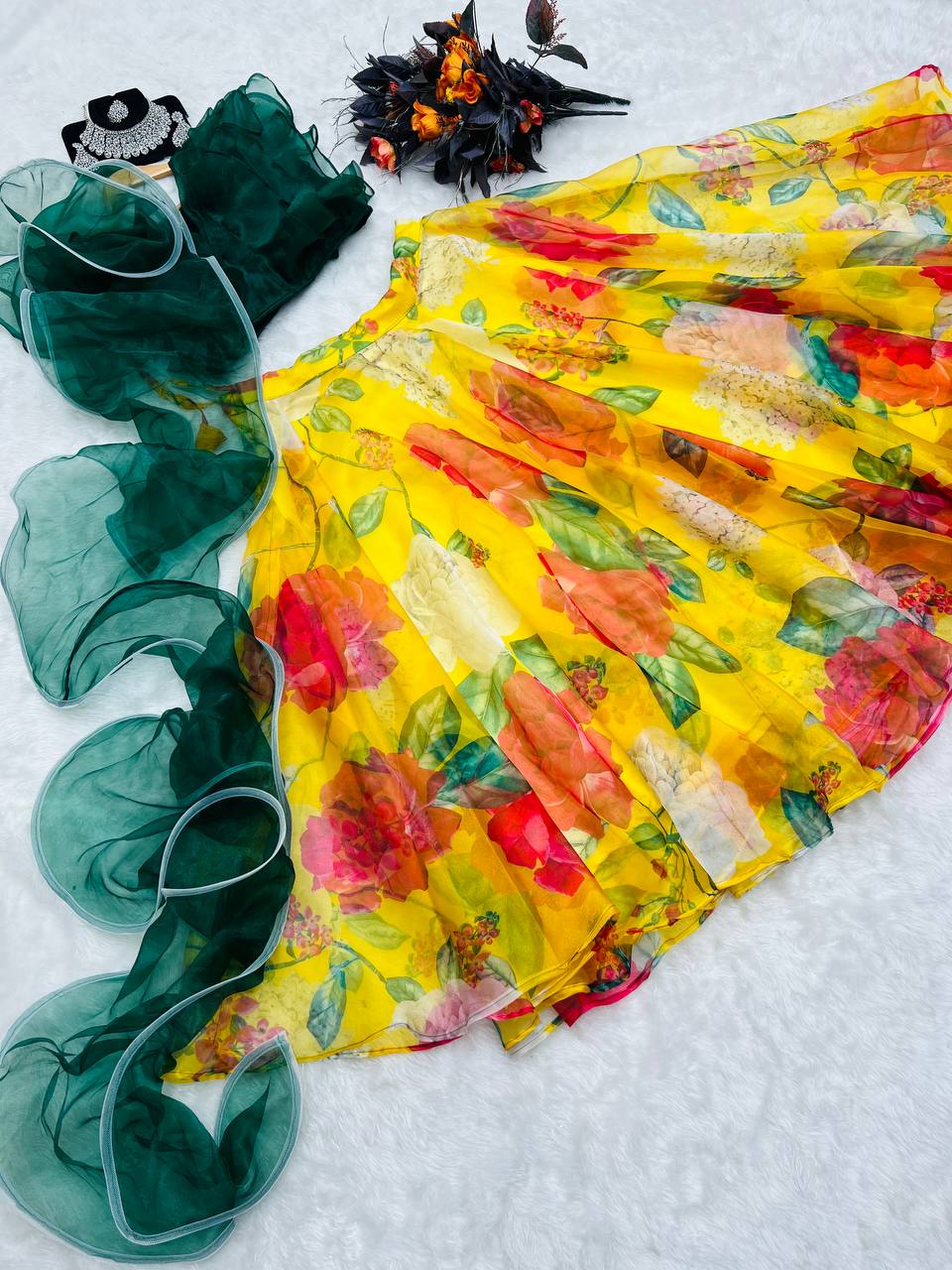 Ruffle Style Green With Yellow Color Organza Lehenga Choli Clothsvilla