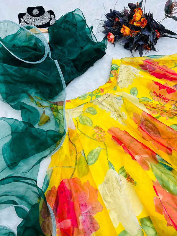 Ruffle Style Green With Yellow Color Organza Lehenga Choli Clothsvilla