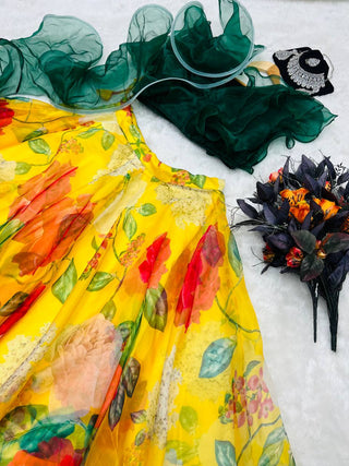 Ruffle Style Green With Yellow Color Organza Lehenga Choli Clothsvilla