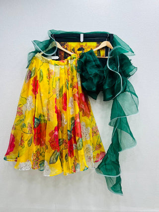 Ruffle Style Green With Yellow Color Organza Lehenga Choli Clothsvilla