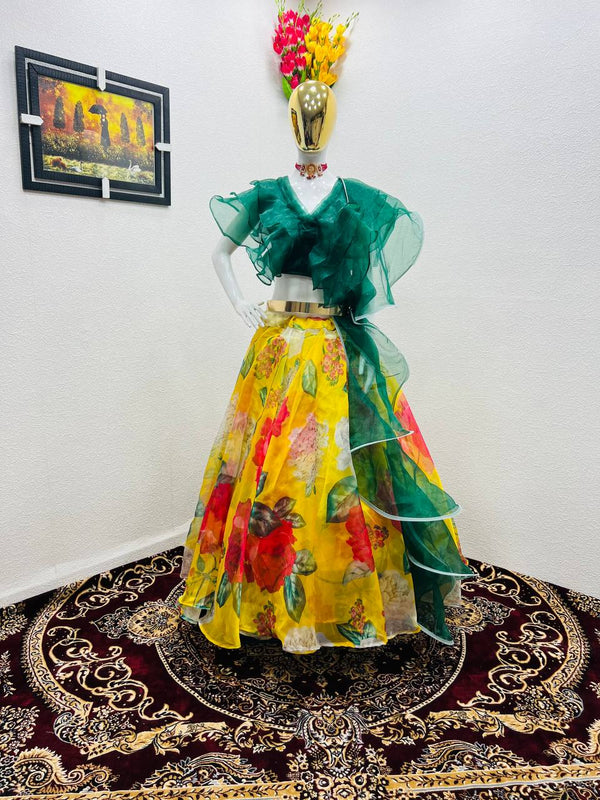 Ruffle Style Green With Yellow Color Organza Lehenga Choli Clothsvilla
