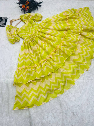 Ruffle Style Parrot Green Color Organza Dress Clothsvilla