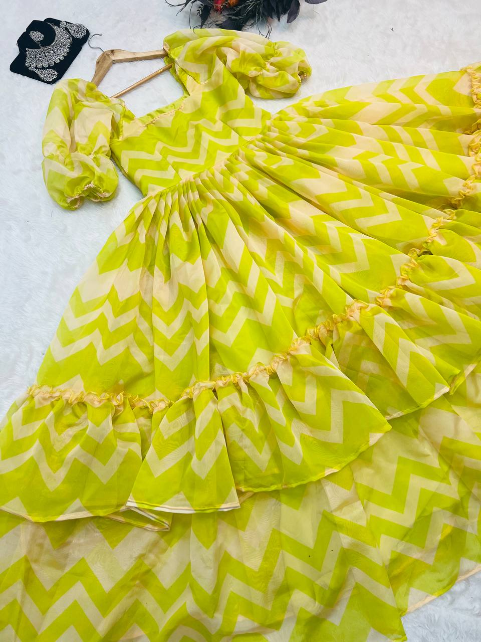 Ruffle Style Parrot Green Color Organza Dress Clothsvilla