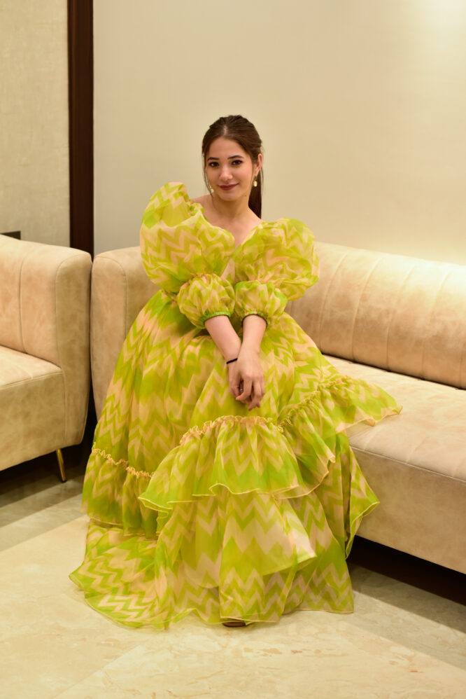 Ruffle Style Parrot Green Color Organza Dress Clothsvilla