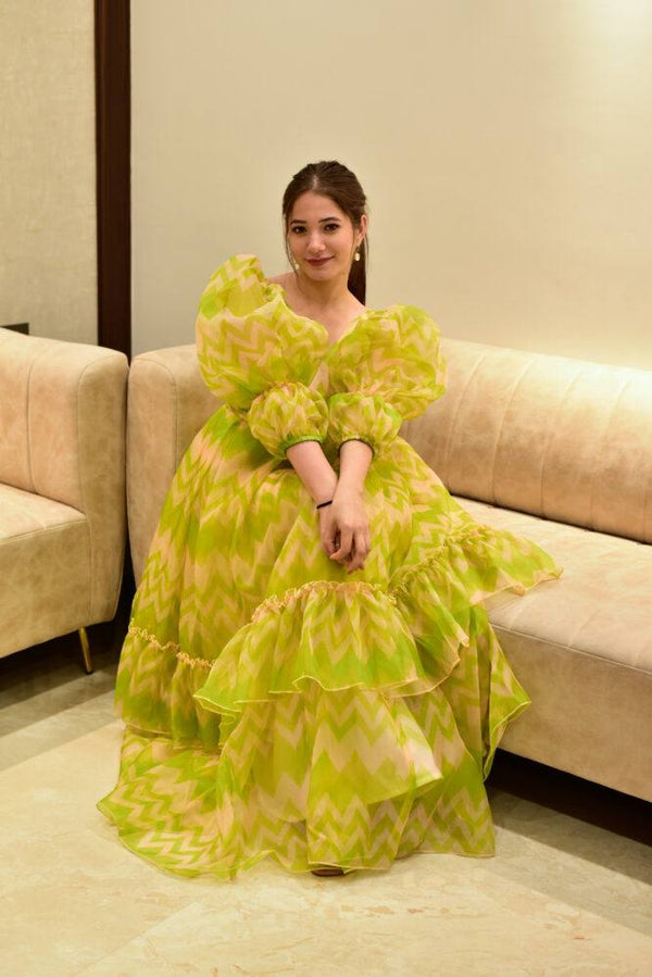 Ruffle Style Parrot Green Color Organza Dress Clothsvilla