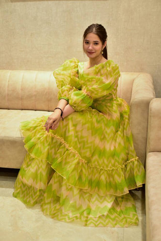 Ruffle Style Parrot Green Color Organza Dress Clothsvilla