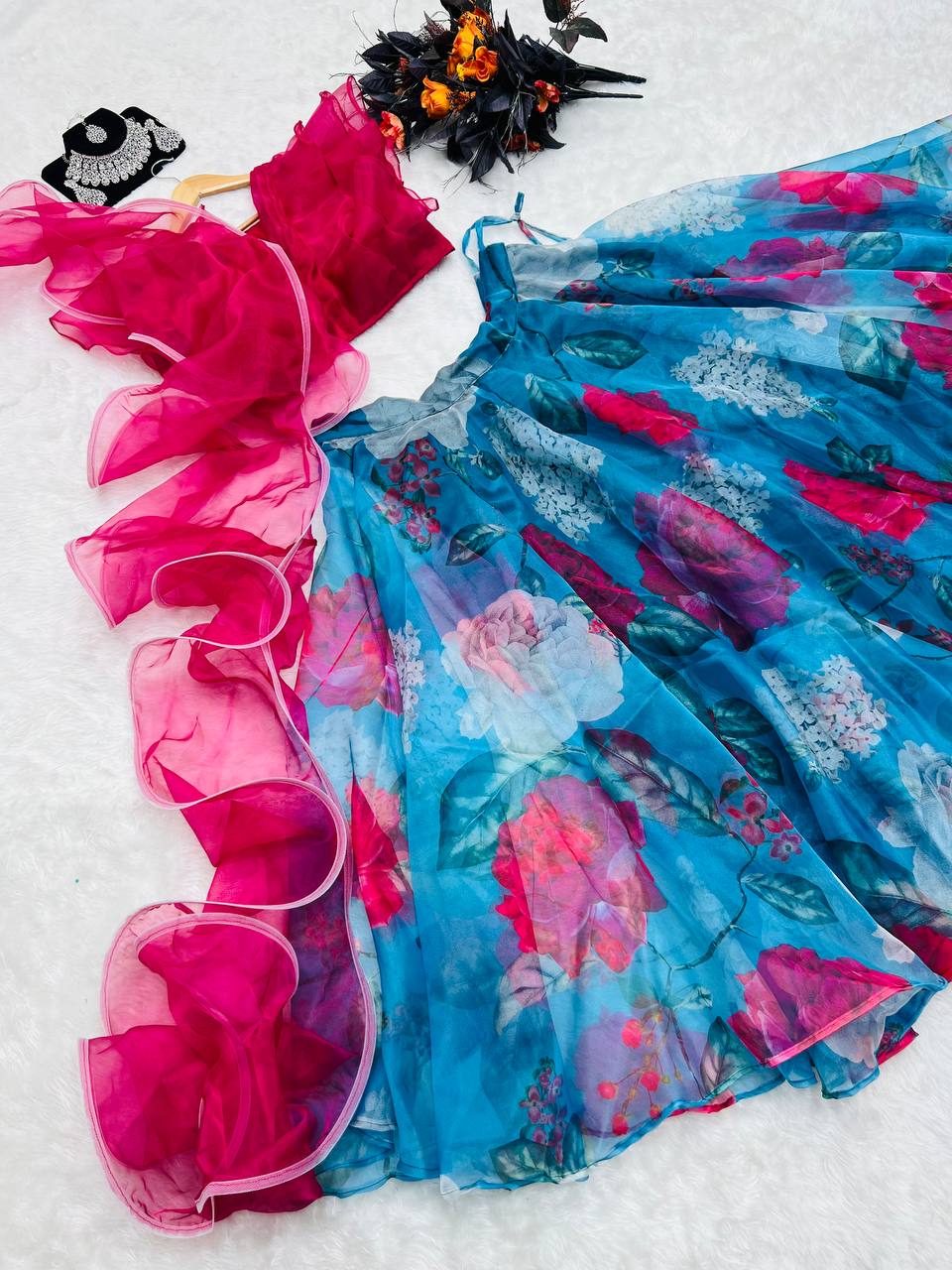 Ruffle Style Pink with Sky Blue Color Organza Lehenga Choli Clothsvilla