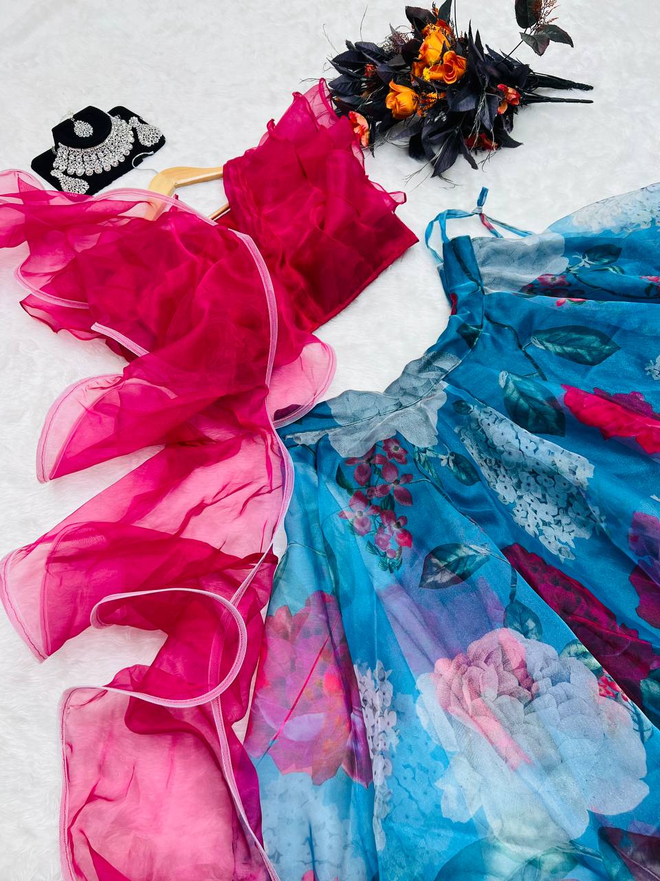 Ruffle Style Pink with Sky Blue Color Organza Lehenga Choli Clothsvilla