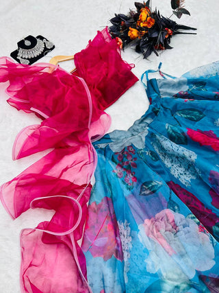 Ruffle Style Pink with Sky Blue Color Organza Lehenga Choli Clothsvilla