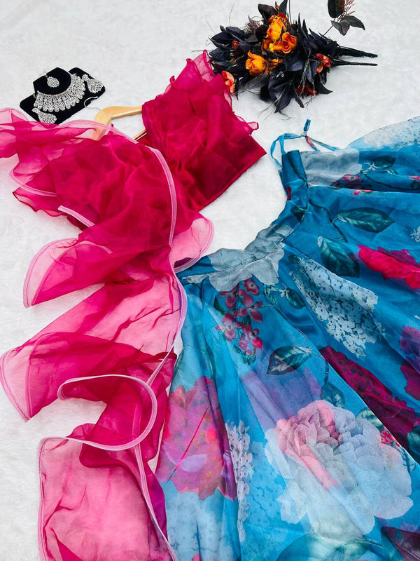 Ruffle Style Pink with Sky Blue Color Organza Lehenga Choli Clothsvilla