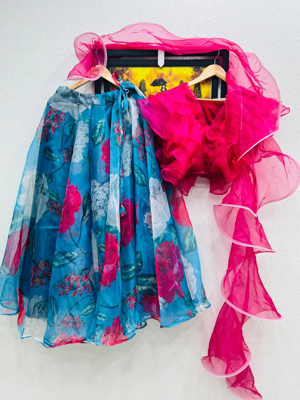 Ruffle Style Pink with Sky Blue Color Organza Lehenga Choli Clothsvilla