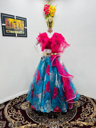Ruffle Style Pink with Sky Blue Color Organza Lehenga Choli Clothsvilla