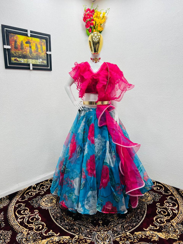 Ruffle Style Pink with Sky Blue Color Organza Lehenga Choli Clothsvilla