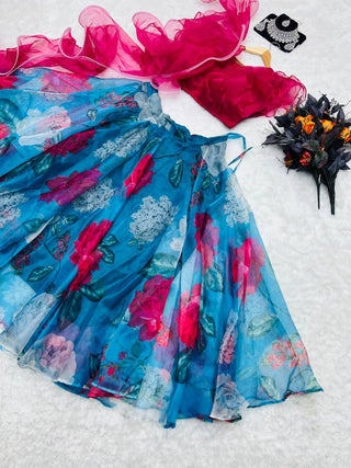 Ruffle Style Pink with Sky Blue Color Organza Lehenga Choli Clothsvilla
