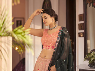 Rust Orange Green Thread And Sequins Embroidered Work Art Silk Festive & Party Wear Semi Stitched Lehenga ClothsVilla