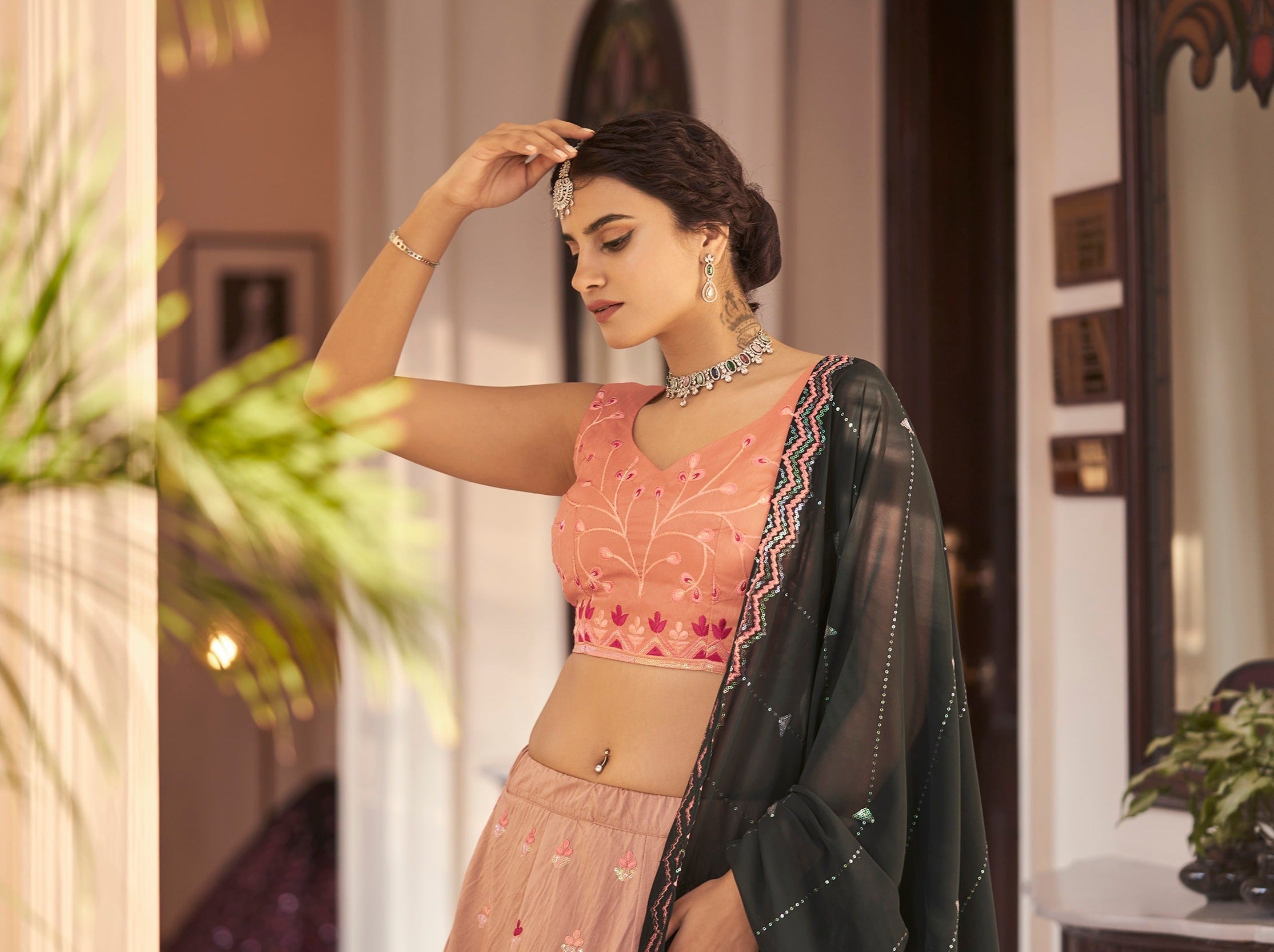 Rust Orange Green Thread And Sequins Embroidered Work Art Silk Festive & Party Wear Semi Stitched Lehenga ClothsVilla