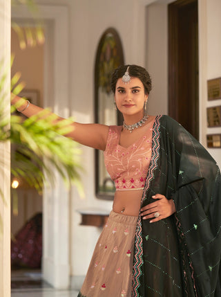 Rust Orange Green Thread And Sequins Embroidered Work Art Silk Festive & Party Wear Semi Stitched Lehenga ClothsVilla