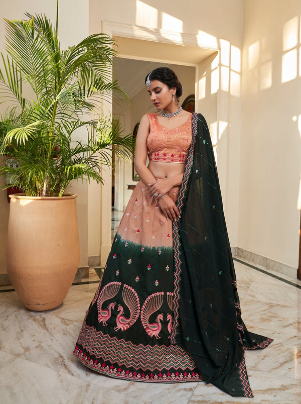 Rust Orange Green Thread And Sequins Embroidered Work Art Silk Festive & Party Wear Semi Stitched Lehenga ClothsVilla