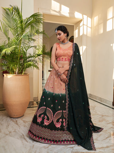 Rust Orange Green Thread And Sequins Embroidered Work Art Silk Festive & Party Wear Semi Stitched Lehenga ClothsVilla