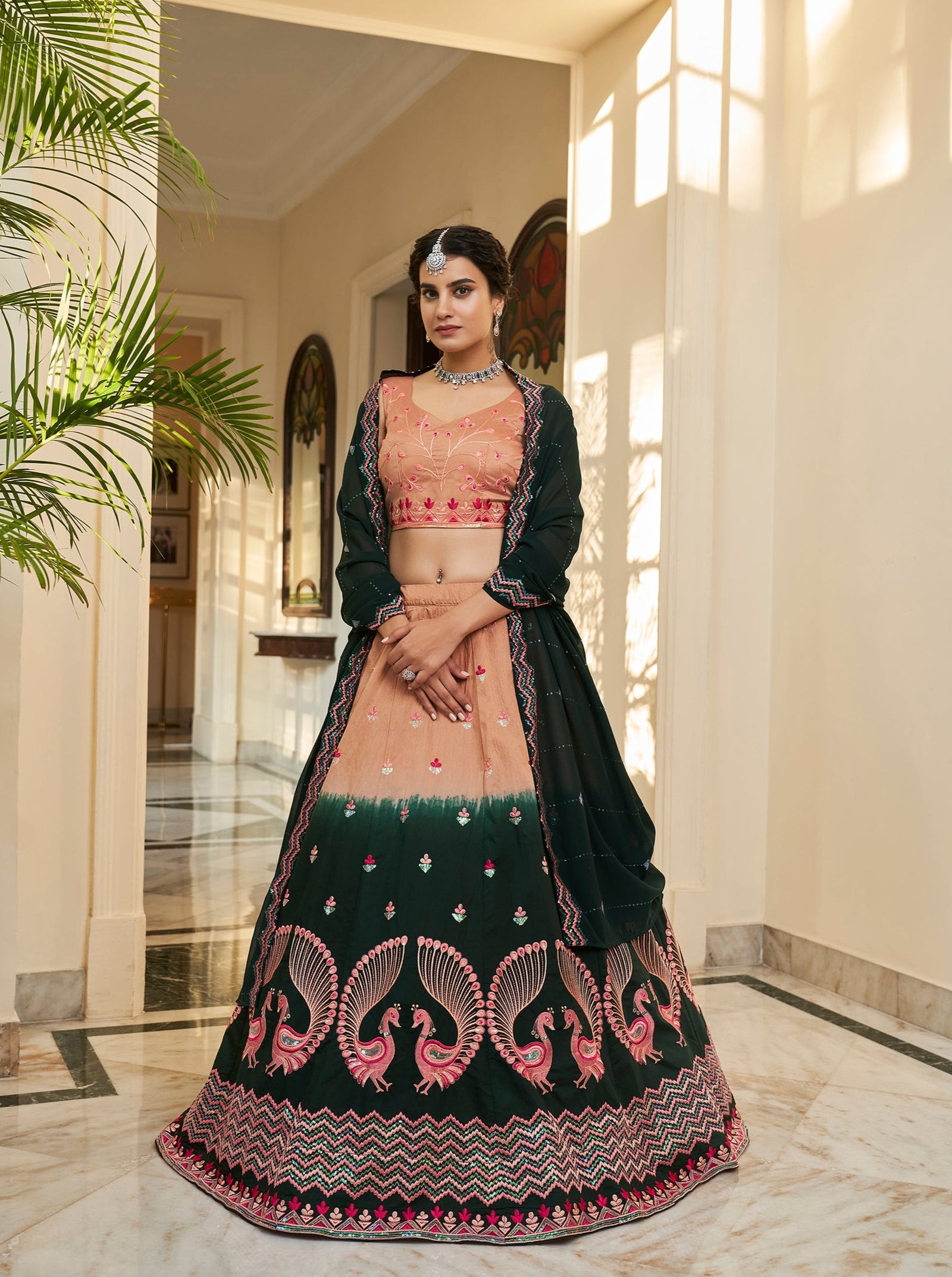 Rust Orange Green Thread And Sequins Embroidered Work Art Silk Festive & Party Wear Semi Stitched Lehenga ClothsVilla