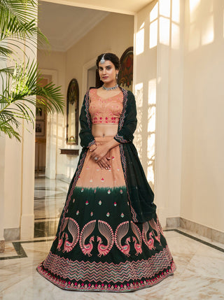 Rust Orange Green Thread And Sequins Embroidered Work Art Silk Festive & Party Wear Semi Stitched Lehenga ClothsVilla