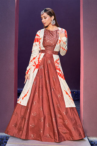 Rust Orange Art Silk Sequence Embroidered Work Lehenga Choli ClothsVilla.com
