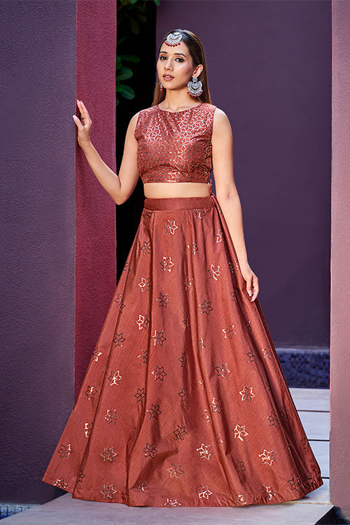 Rust Orange Art Silk Sequence Embroidered Work Lehenga Choli ClothsVilla.com