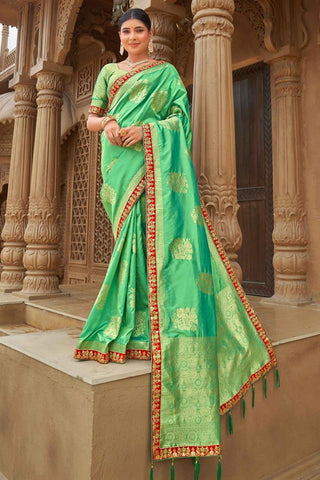 Banarasi Style silk Fabric Sea Green Color Weaving Work Brilliant Saree Clothsvilla
