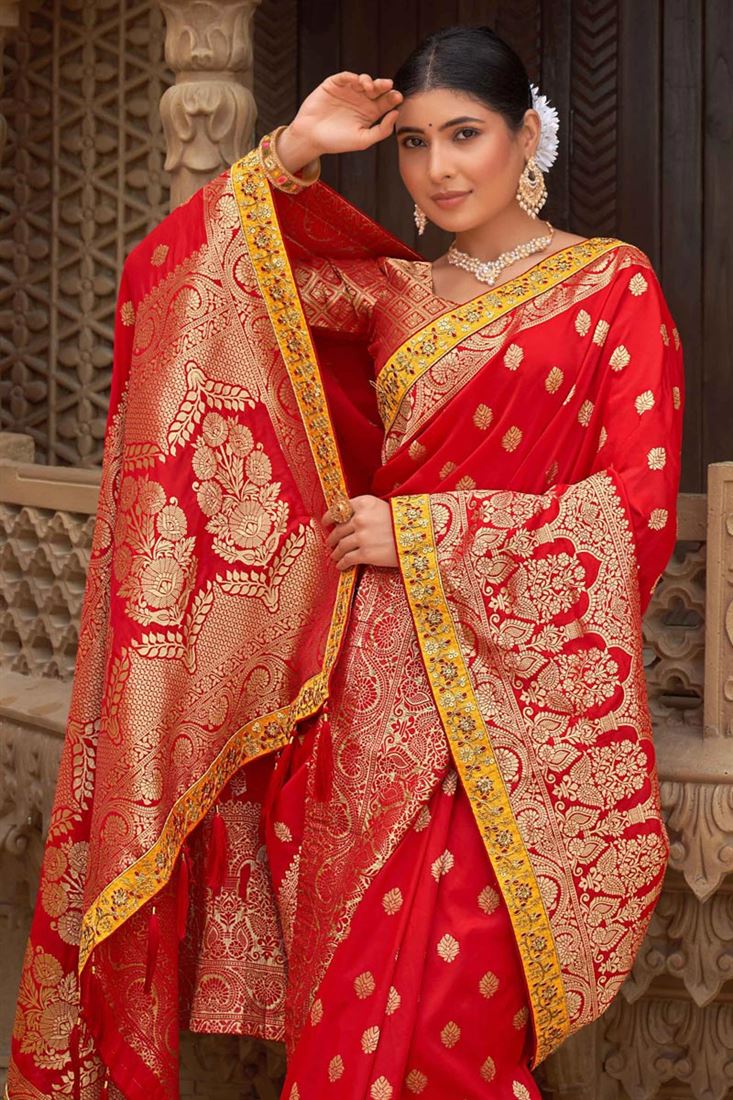 Blazing Red Color Banarasi Style silk Fabric Weaving Work Saree Clothsvilla