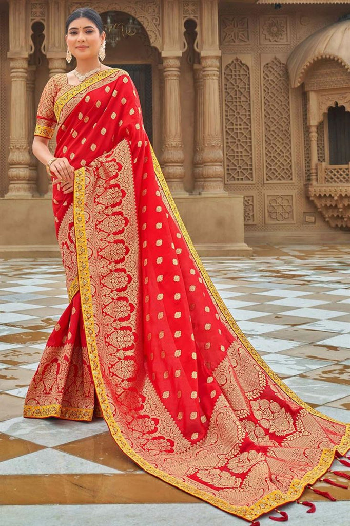 Blazing Red Color Banarasi Style silk Fabric Weaving Work Saree Clothsvilla
