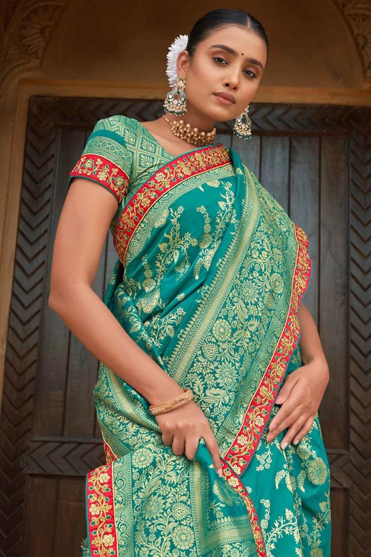 Banarasi Silk Saree Cyan Blue Color with Navy Blue Pallu and blouse -  IndieHaat – Indiehaat.com