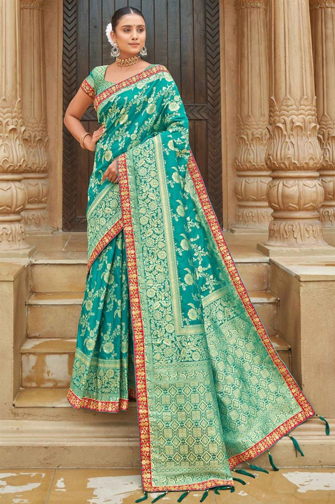 Cyan Color Banarasi Style silk Fabric Exquisite Weaving Work Saree Clothsvilla